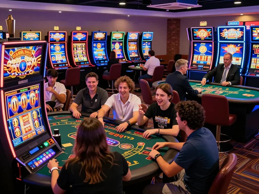 Exciting moment at Spin Panda Casino slots with diverse players enjoying thrilling games and vibrant atmosphere.