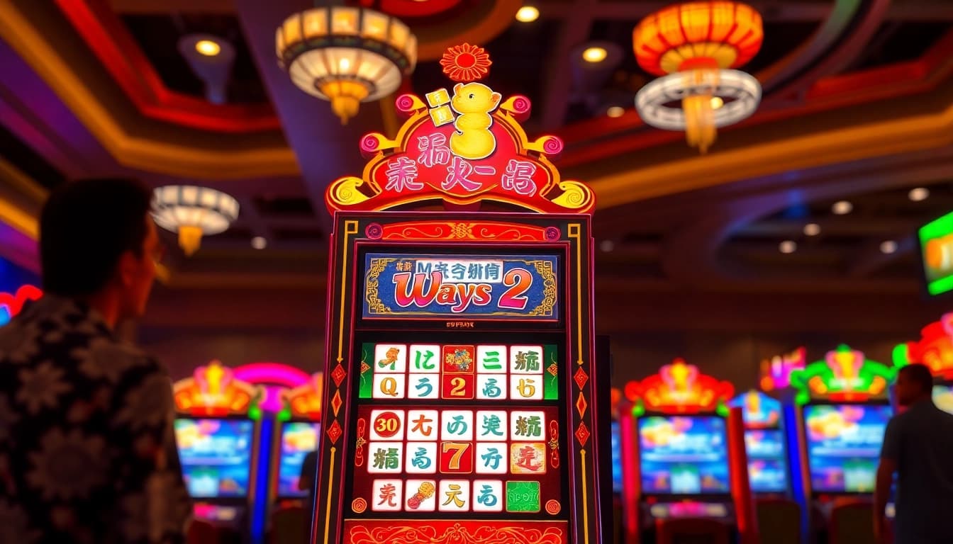 Putar Mahjong Ways 2 dengan slot mesin yang penuh warna di kasino yang ramai.