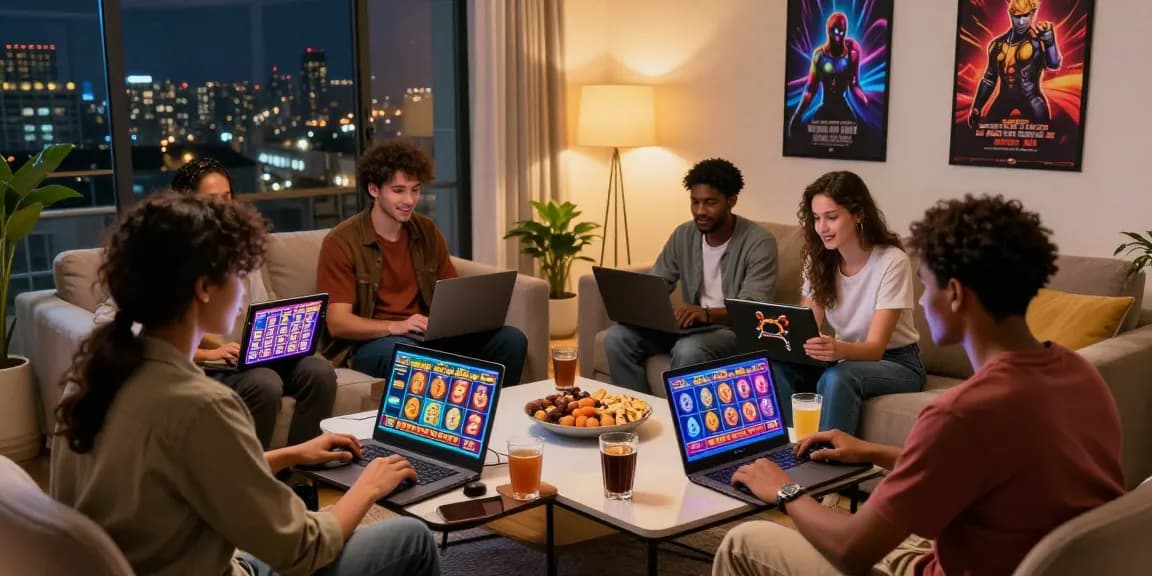 Friends enjoying a situs slot gaming night at home, laptops showing vibrant slot games.