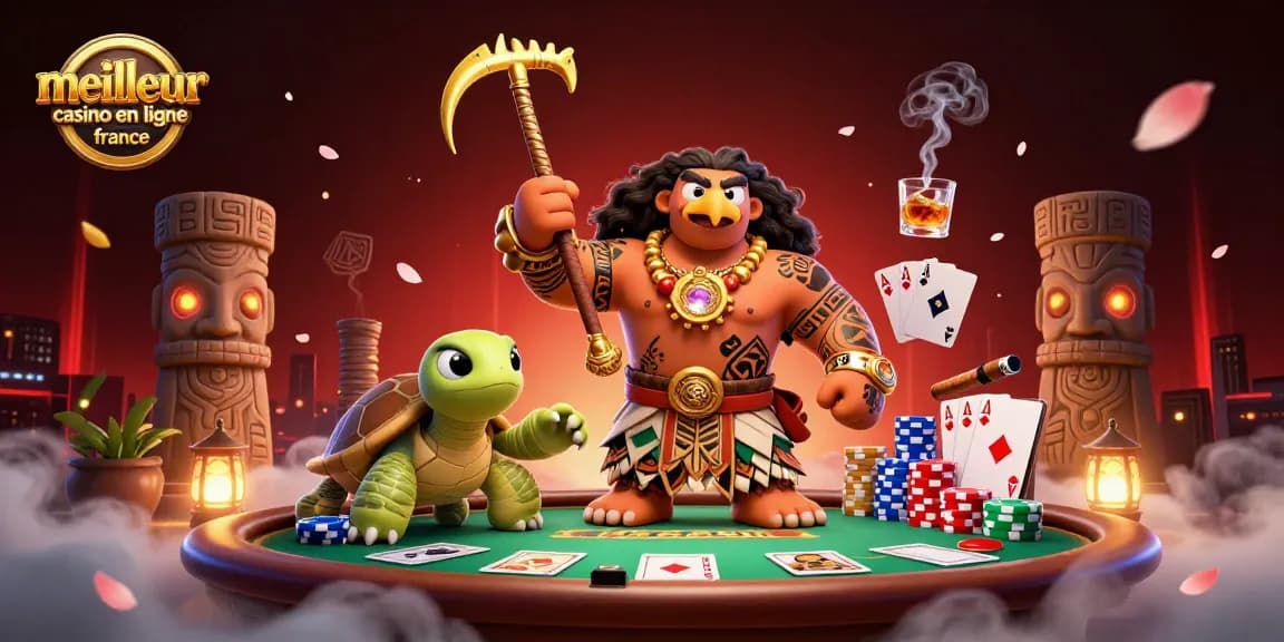 Illustration colorée du meilleur casino en ligne France avec des personnages Polynésiens jouant au poker.