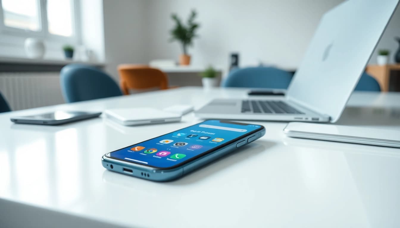 Sell your phone with a professional smartphone setup in a modern office.