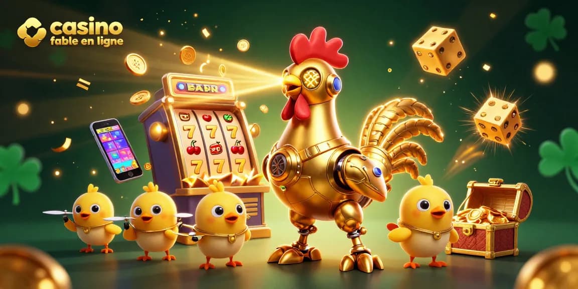 Visitez un casino fiable en ligne avec un robot en forme de coq doré, des machines à sous, et des jets d'éclats dorés.