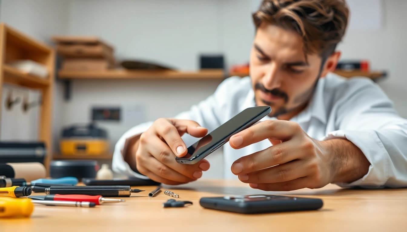 Reset telefonu - technik naprawy smartfona pracujący przy stole warsztatowym.