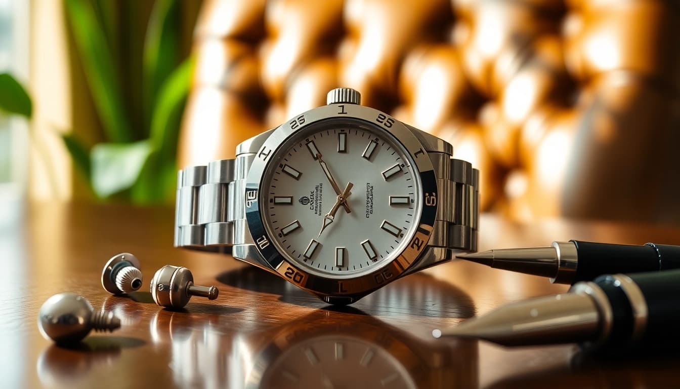 Showcasing a Rolex replica watch with luxury accessories for an elegant atmosphere.
