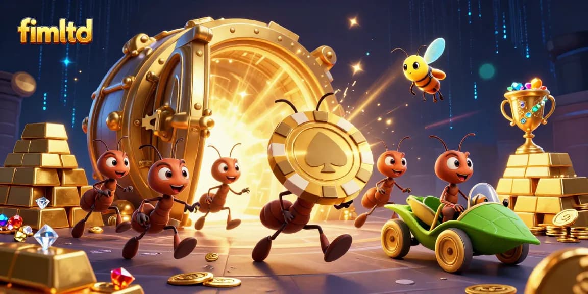 Experience thrilling wins at fimltd with a heist scene featuring cartoon ants and vibrant casino treasures.