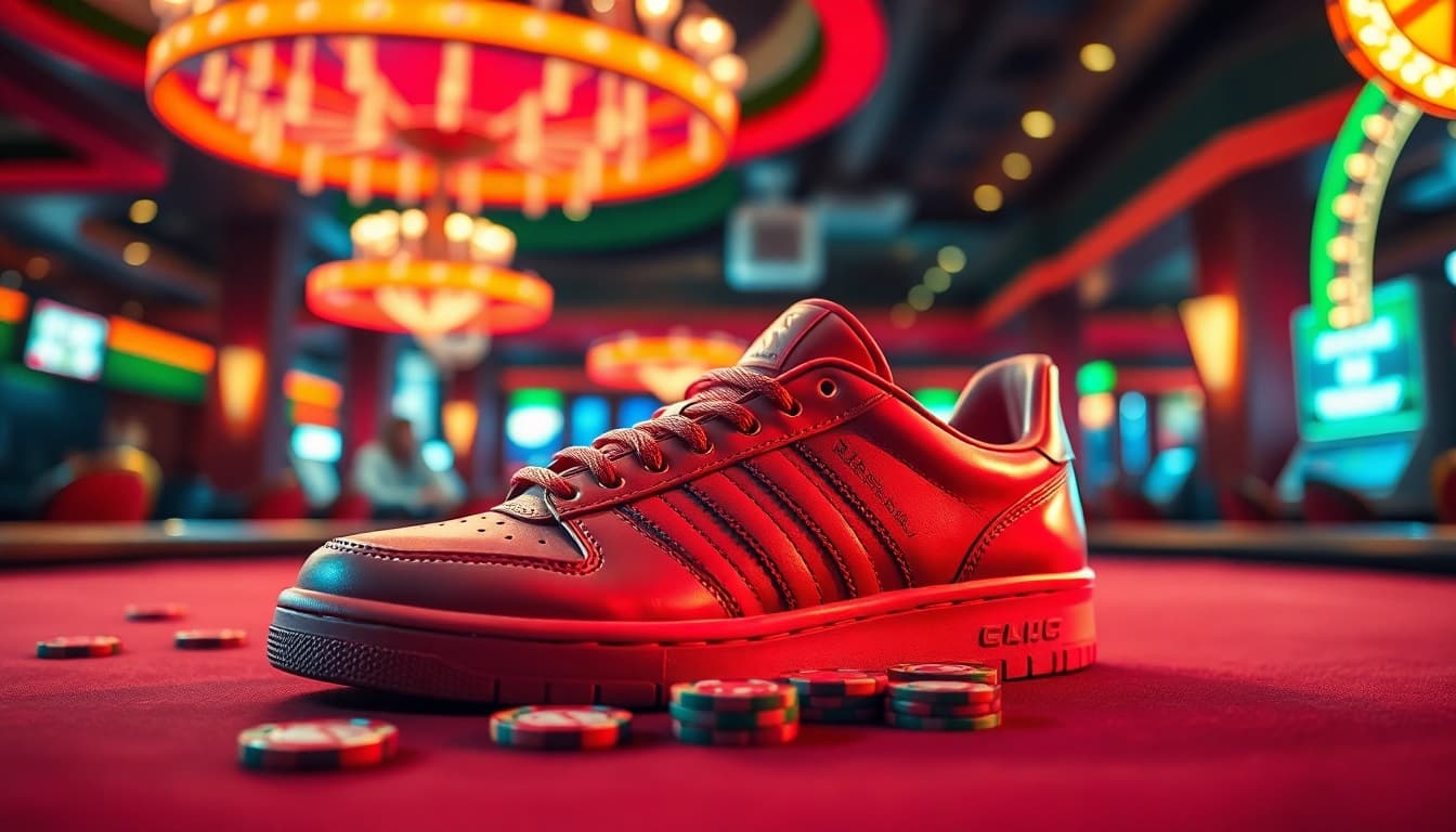 Reusenation.com/products/adidas-adiprene-sneakers-mens-11-p-6 sneakers on a casino table with vibrant lights.