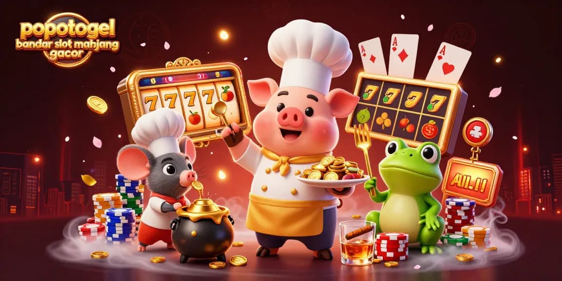Experience popotogel bandar slot mahjong gacor with vibrant slot reels, gold coins, and animated characters.