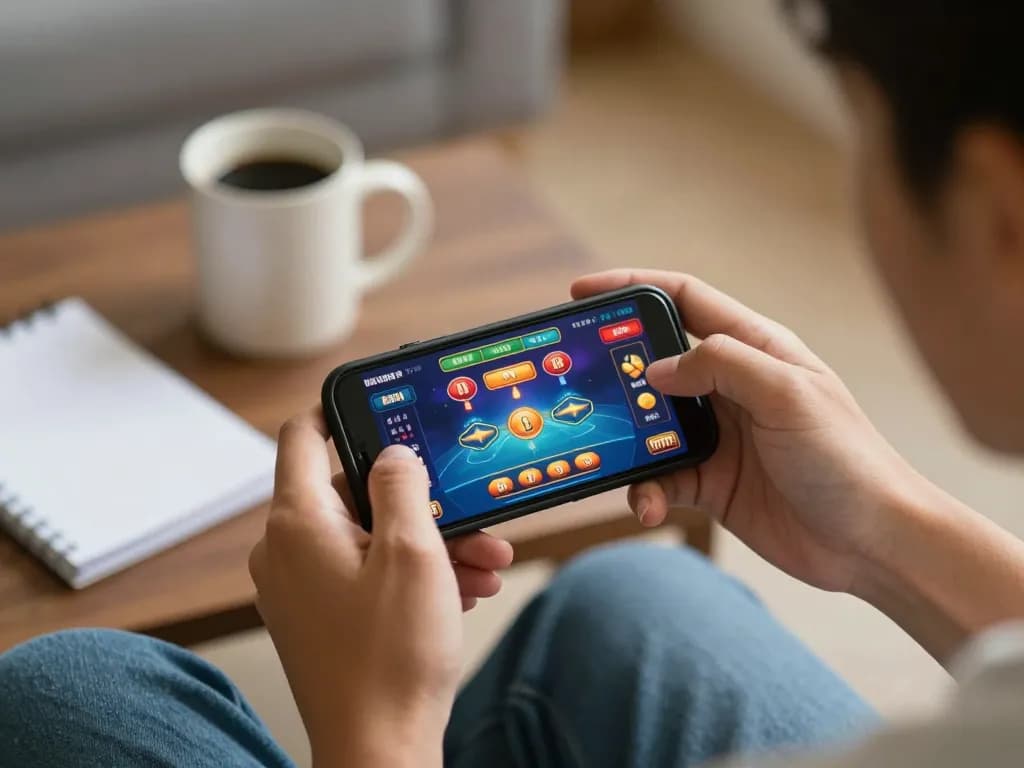 Player enjoying online casino games on mobile with manclub app in a cozy setting.