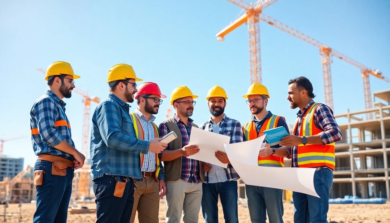 Engaged builders discussing plans within the Texas association of builders, highlighting teamwork.
