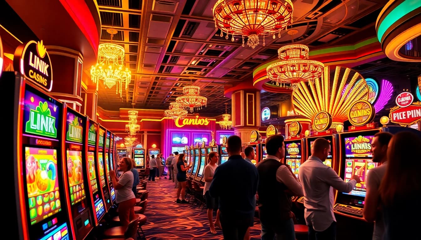 Engage with the exciting link slot demo machine at a lively casino, showcasing vibrant colors.