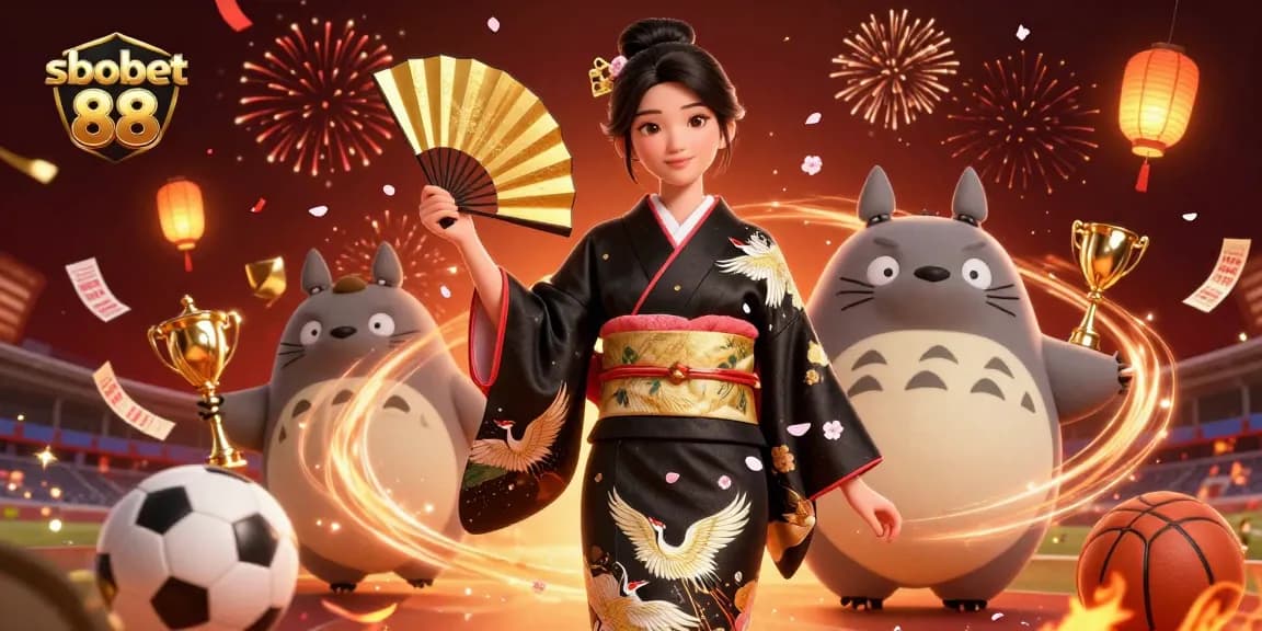 Simplifying sbobet 88: Engaging sports betting elements with traditional Asian style in vibrant 3D illustration.