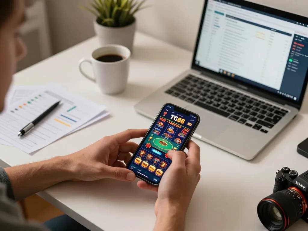 Engaging hands using the TG88 app for online casino games, showcasing strategic focus in a stylish home environment.