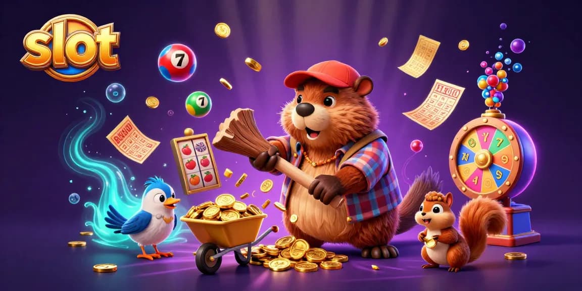 Spin the slot reels with the lumberjack beaver collecting golden coins in a vibrant casino scene.