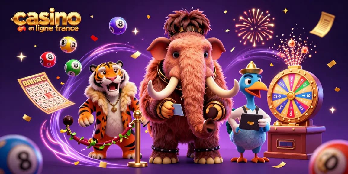 Visuel dynamique de casino en ligne France avec mammouth, tigre et oiseau en action.