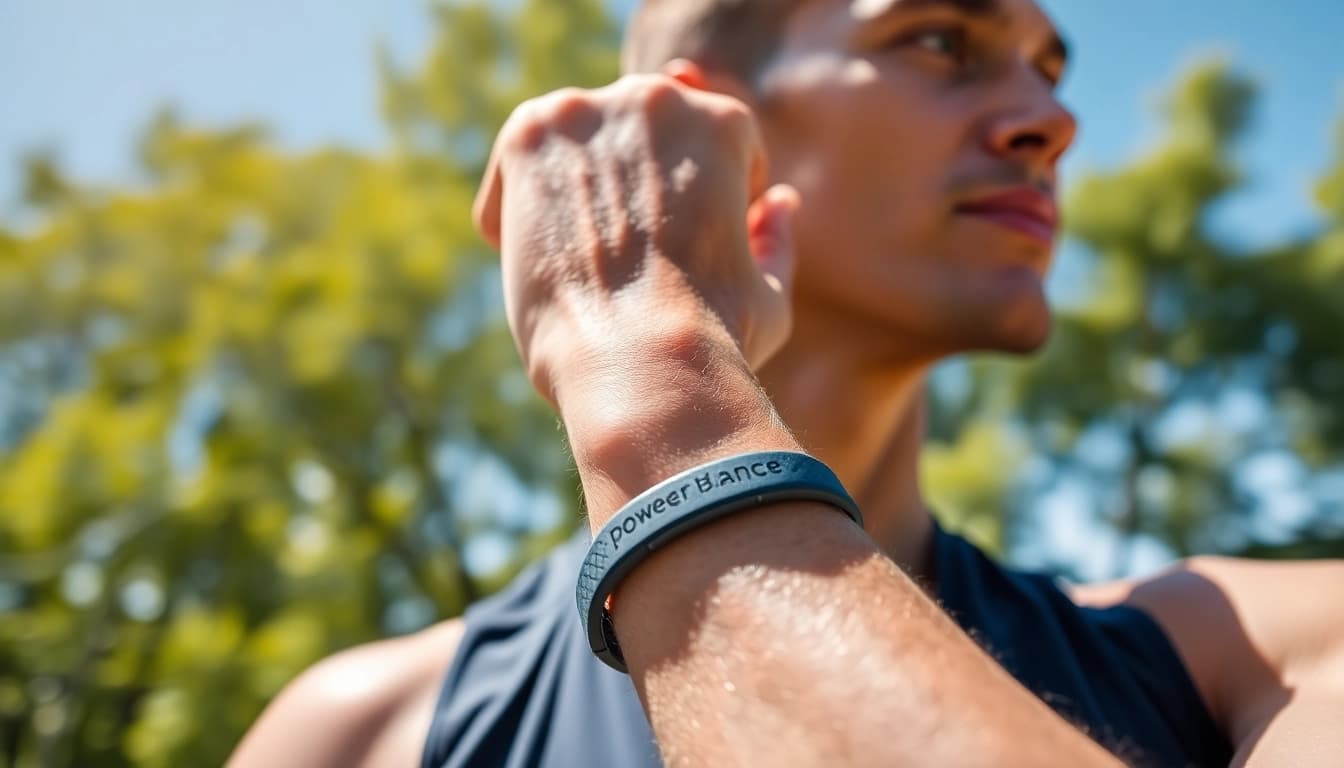 Usando la power balance pulsera, un atleta muestra fuerza y vitalidad durante el entrenamiento.