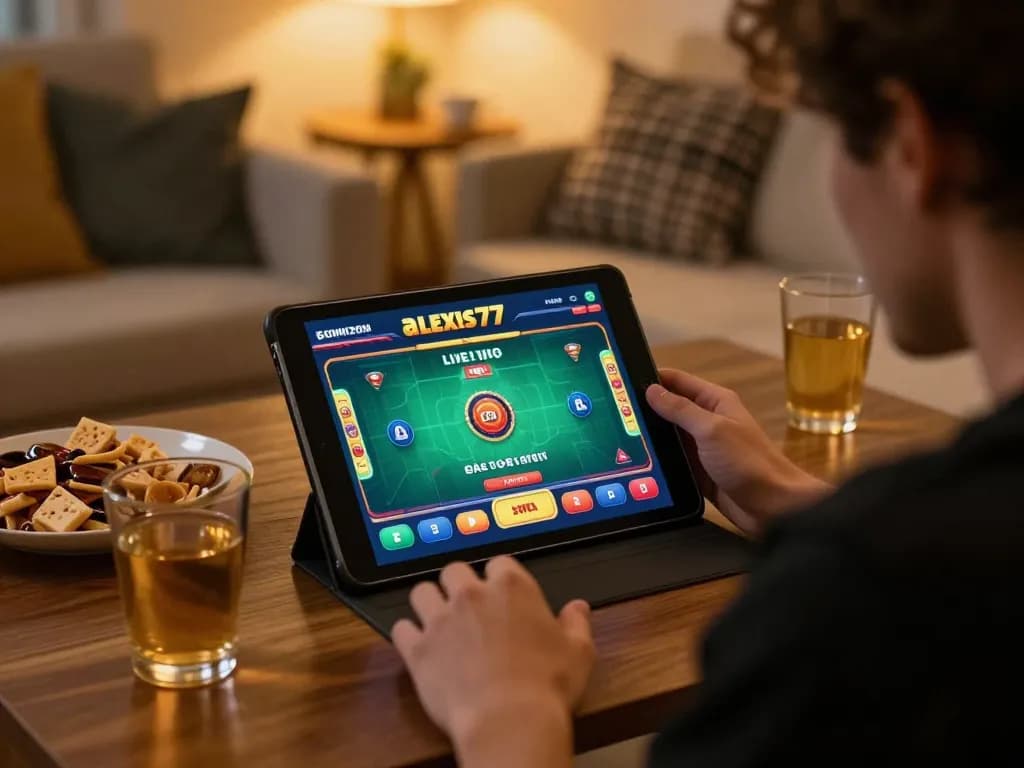 Player engaging with live dealer game on alexis77 app in a cozy home setting.