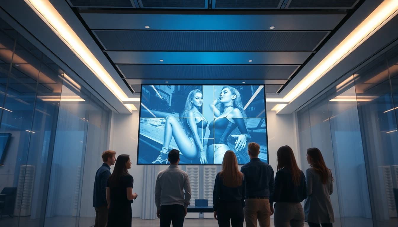 AI NSFW image generator shown in a sleek office with diverse users engaged in creative interaction.
