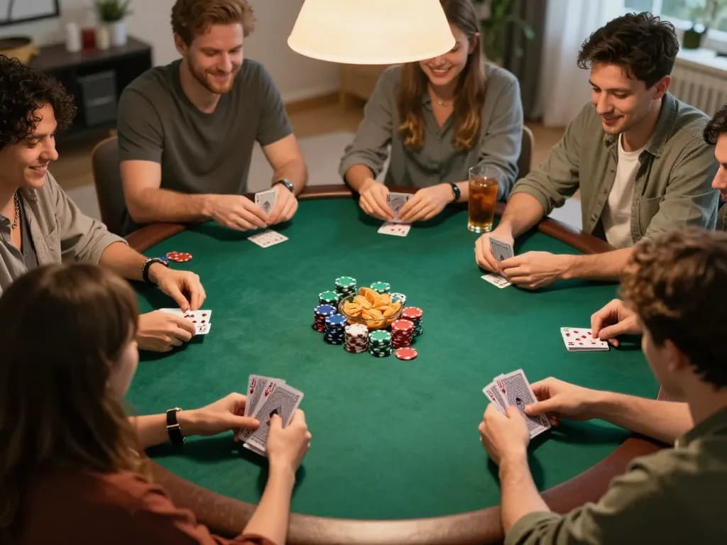 Exciting moments at online casinos Canada with friends engaged in a spirited poker game, vibrant chips and cards in action.