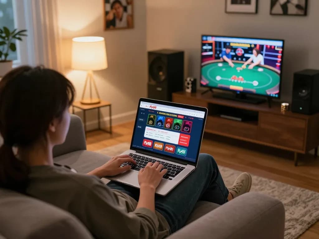 Player engaging with Fly88's online casino while sitting on a couch, enjoying a cozy gaming experience.