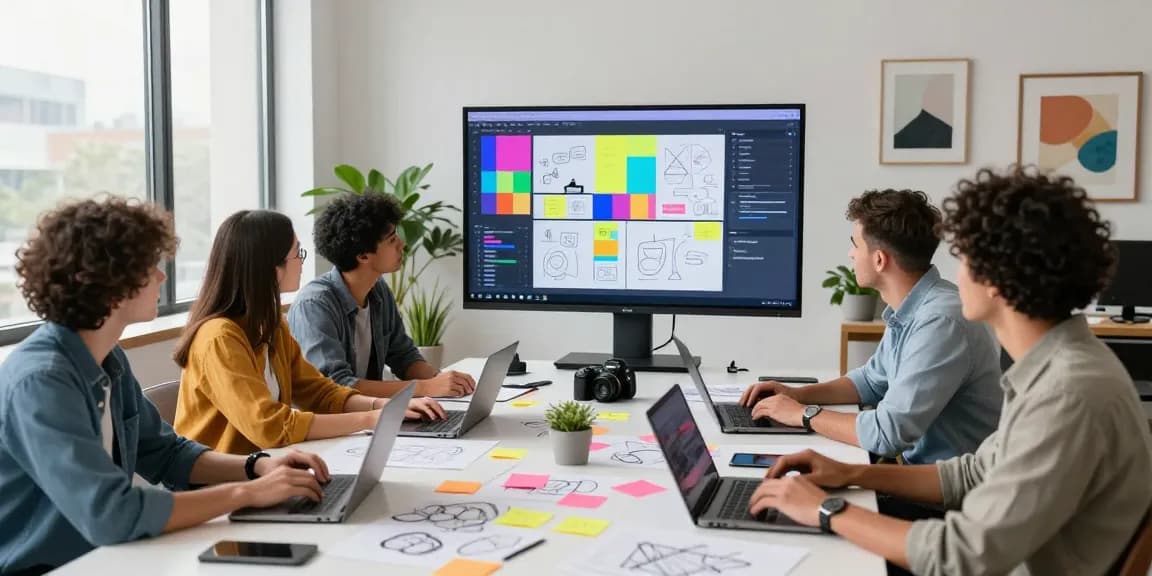 Team collaborating on a mixboard in a bright creative workspace.