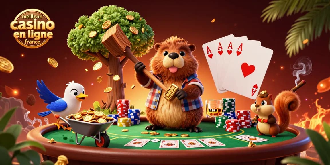 Choppez des arbres pour des pièces d'or avec meilleur casino en ligne france dans une scène animée remplie de jeux de cartes.