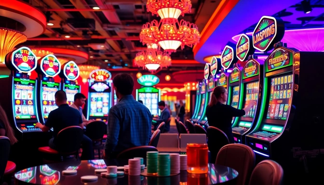 Menangkan slot terpercaya di kasino yang ramai dengan pemain terlibat dalam permainan.