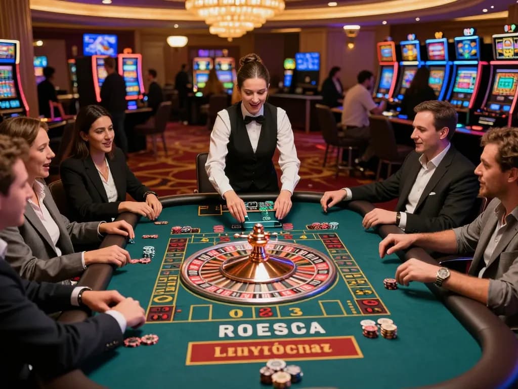 Engaged players experiencing slot gacor hari ini excitement at a luxurious roulette table, chips stacked and croupier spinning the wheel.