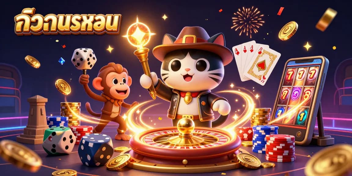 การแสดงผลเกมสล็อตยอดนิยมในภาพ 3D ของนักสำรวจแมวและลิงถือคบไฟในคาสิโน