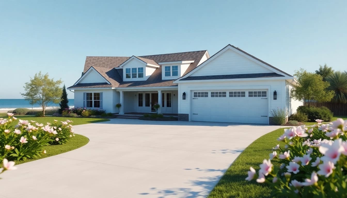 Stunning cape cod home with attached garage and coastal scenery.