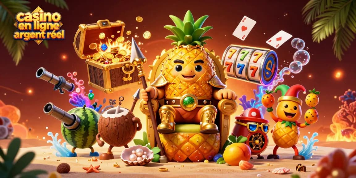 Profitez de l'excitation du casino en ligne argent réel avec un roi ananas et ses gardes sur une scène dynamique et colorée.