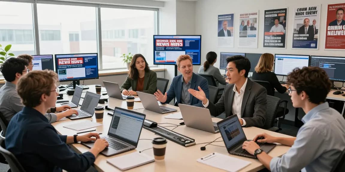Dynamic newsroom at https://www.theindaily.com with journalists collaborating on breaking news.