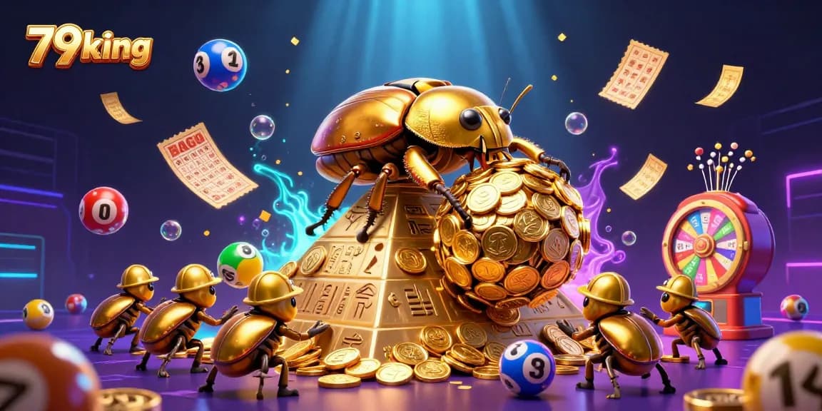 Engage with 79king's vibrant gambling theme showcasing a golden dung beetle and lottery excitement.