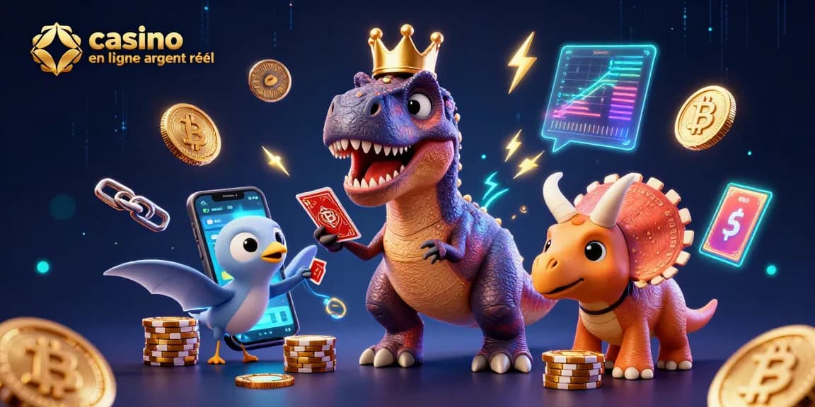 Jouez au casino en ligne argent réel avec un T-Rex mignon et des pièces de crypto, dans une scène audacieuse et vibrante de couleurs.