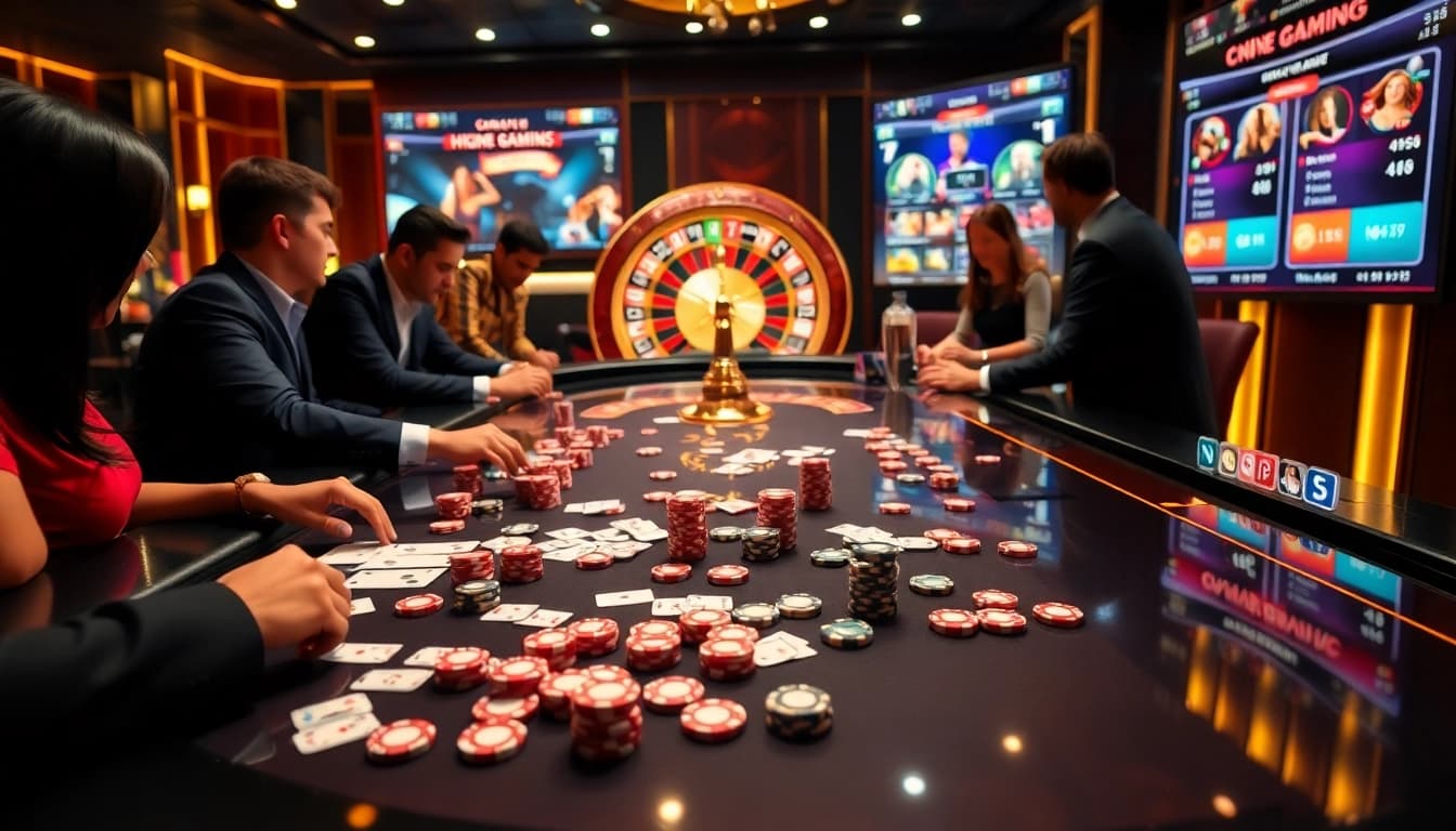 Action de jeu passionnante au meilleur casino en ligne avec des joueurs autour d'une table de luxe.