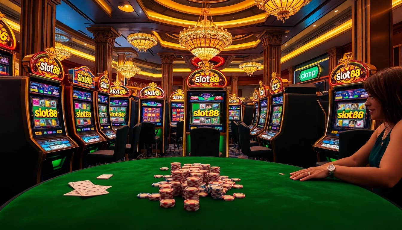 Gamblers enjoying the excitement of slot88 rtp in a dynamic casino setting filled with vibrant slot machines.