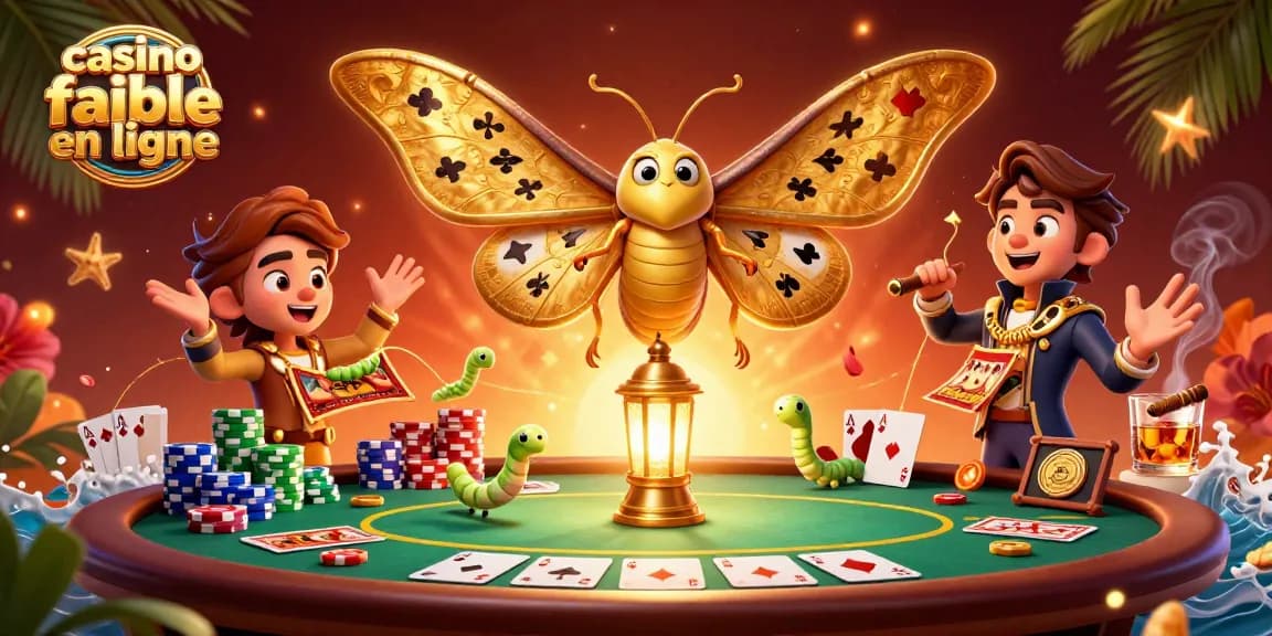Explorez des scènes de casino fiable en ligne avec un papillon 3D et des jetons de poker.