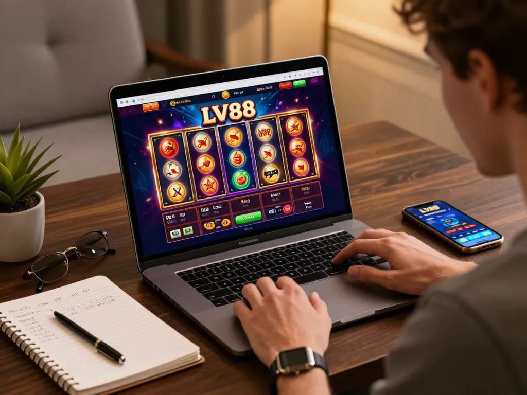 Player immerses in LV88 online casino gaming with dynamic slot machines on screen.