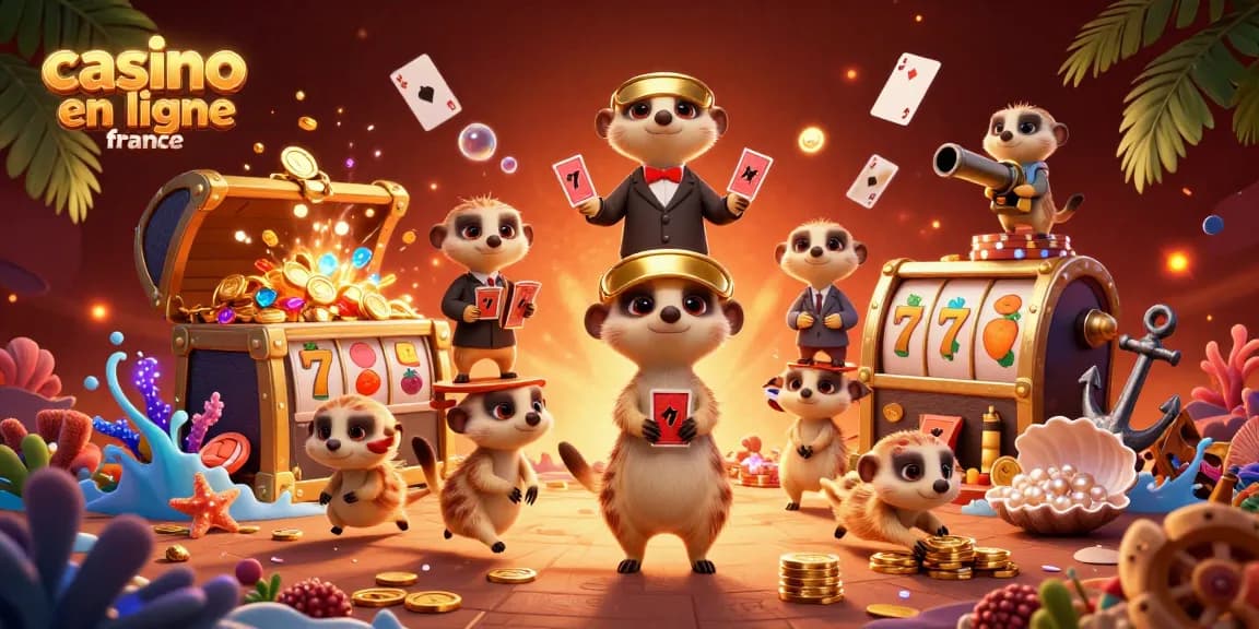 Illustration d'une opération de casino en ligne France où une colonie de suricates gère des jeux de casino et des gains.