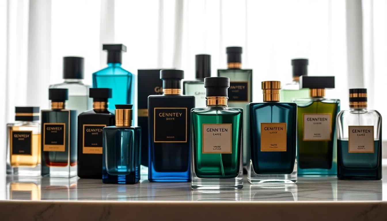 Display of Sauvage alternative fragrances highlighting luxurious bottles on a marble counter.