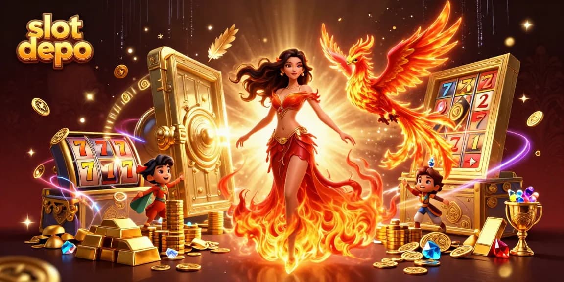 Spin to win with slot depo, featuring vibrant characters and dynamic casino elements.