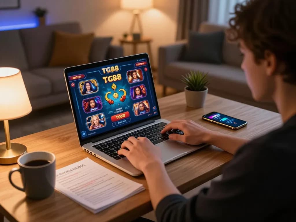 Engaging in online gaming with TG88 on a laptop, showcasing a cozy atmosphere