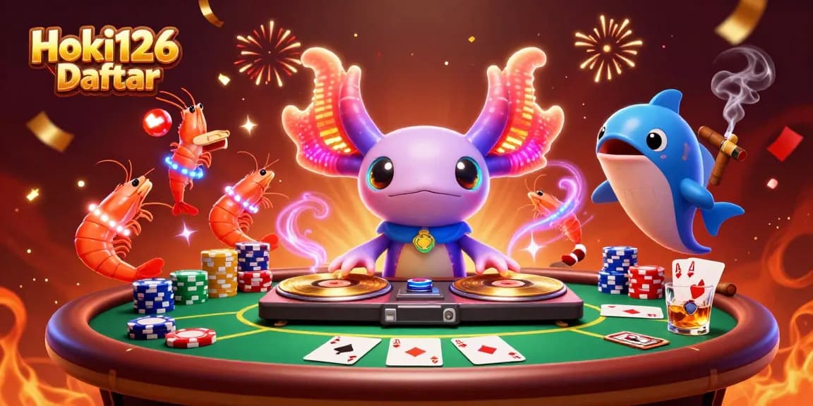 Engage with Hoki126 Daftar through lively casino scenes featuring vibrant 3D characters and poker elements.