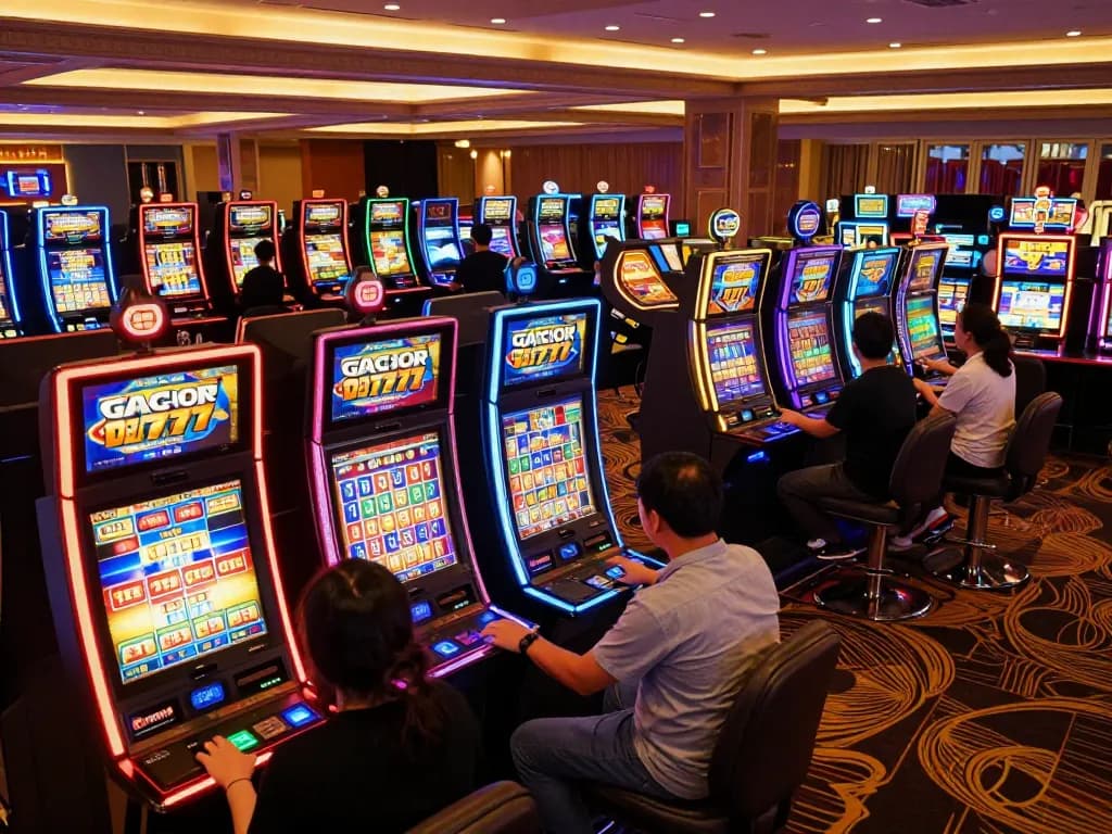 Players enjoying the vibrant slot gacor 777 machines with colorful lights and winning screens.