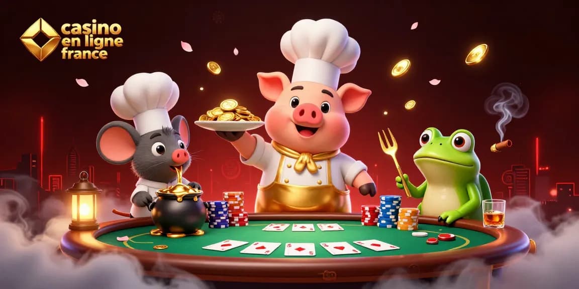 Illustration dynamique d'un chef en pig et des personnages de casino en ligne France, servant des pièces d'or.