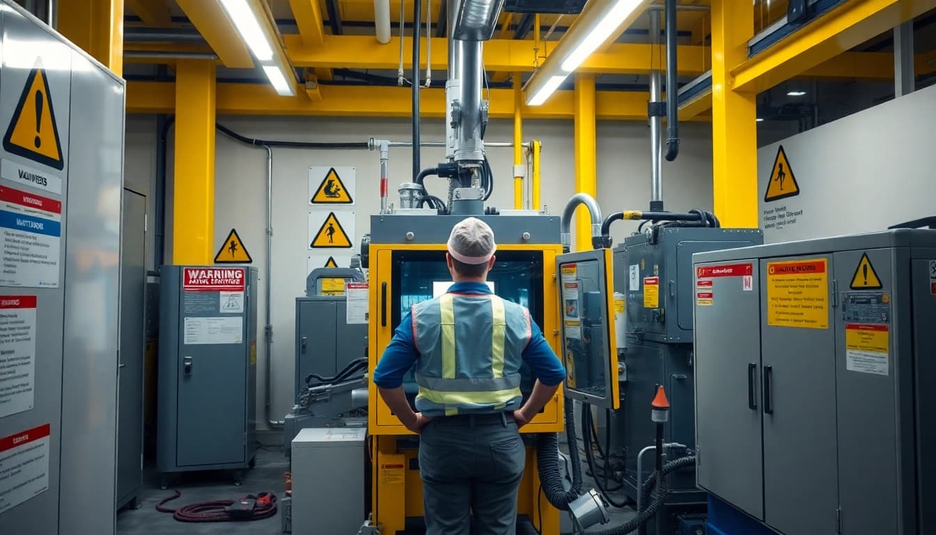Identify physical hazards in a work environment highlighting safety warnings and procedures.
