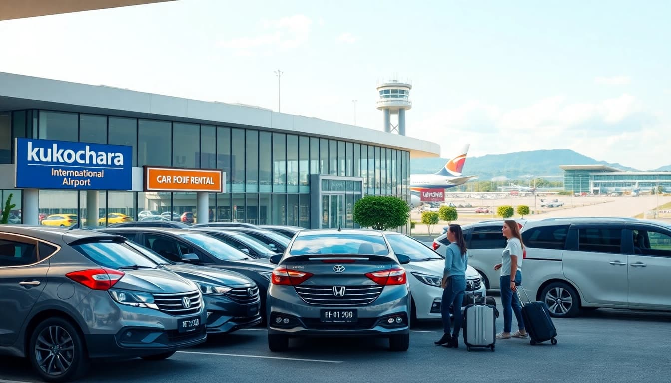 Kuching rent car options at a vibrant airport rental agency with various vehicles and friendly staff.