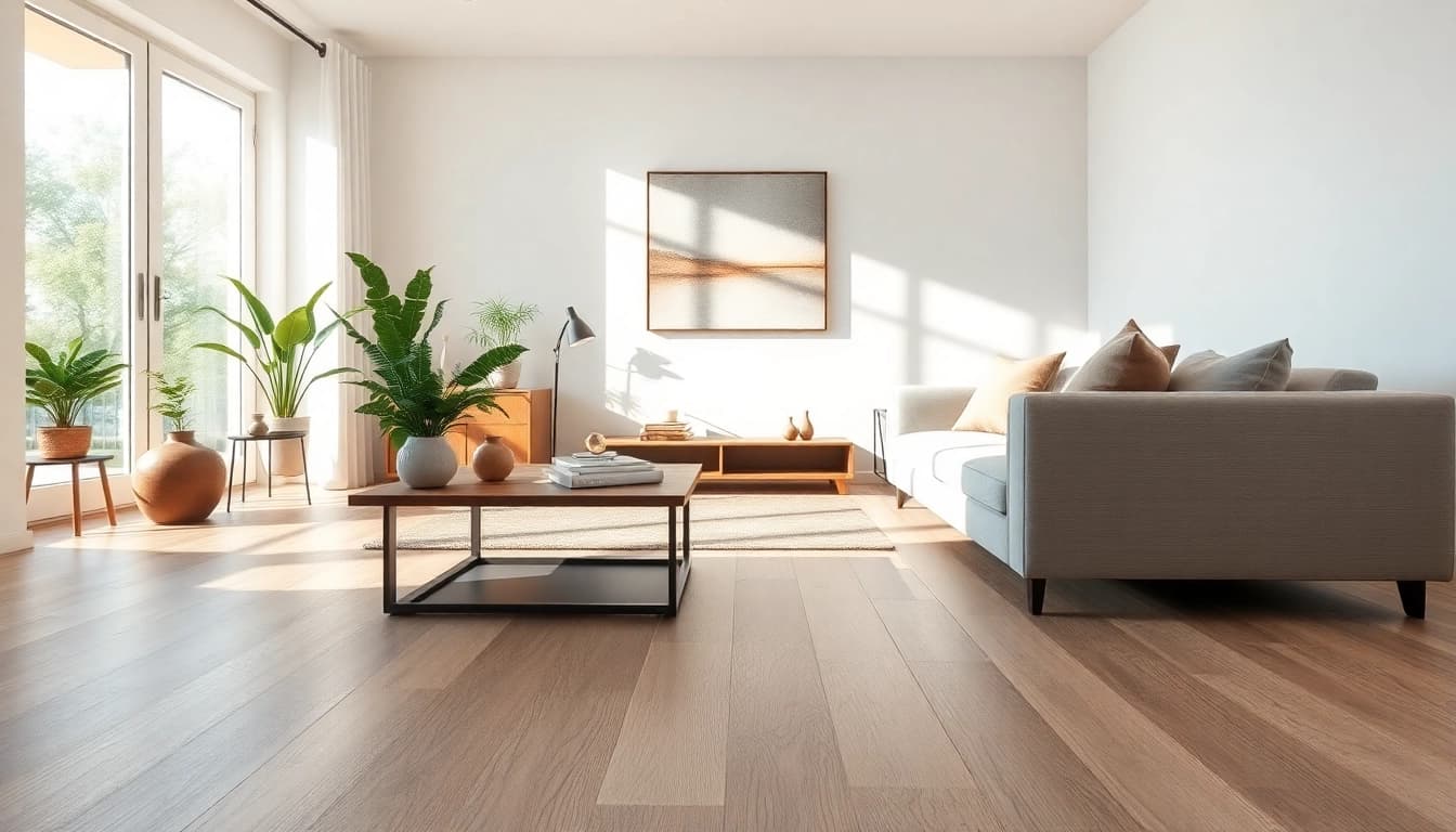 Stylish living room featuring waterproof vinyl flooring with warm neutrals and natural light.