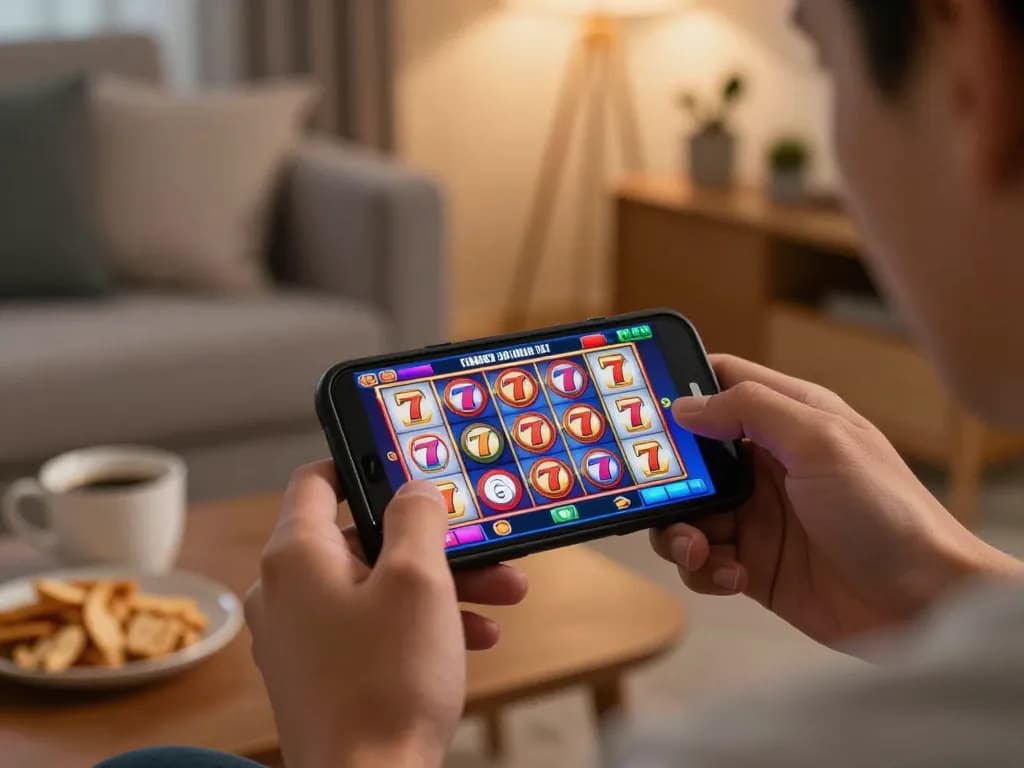Engaging player enjoying slot777 games on smartphone at home, celebrating wins and safe betting.