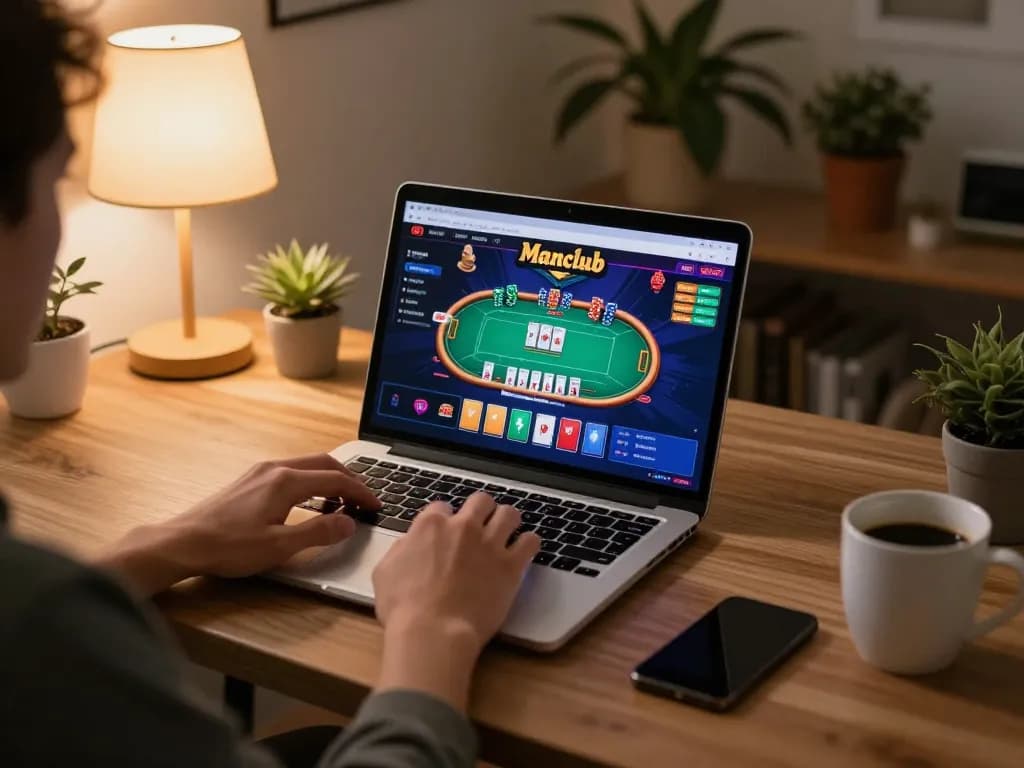 Player enjoying a poker game on Manclub's online casino platform from home, warm lighting enhances the atmosphere.