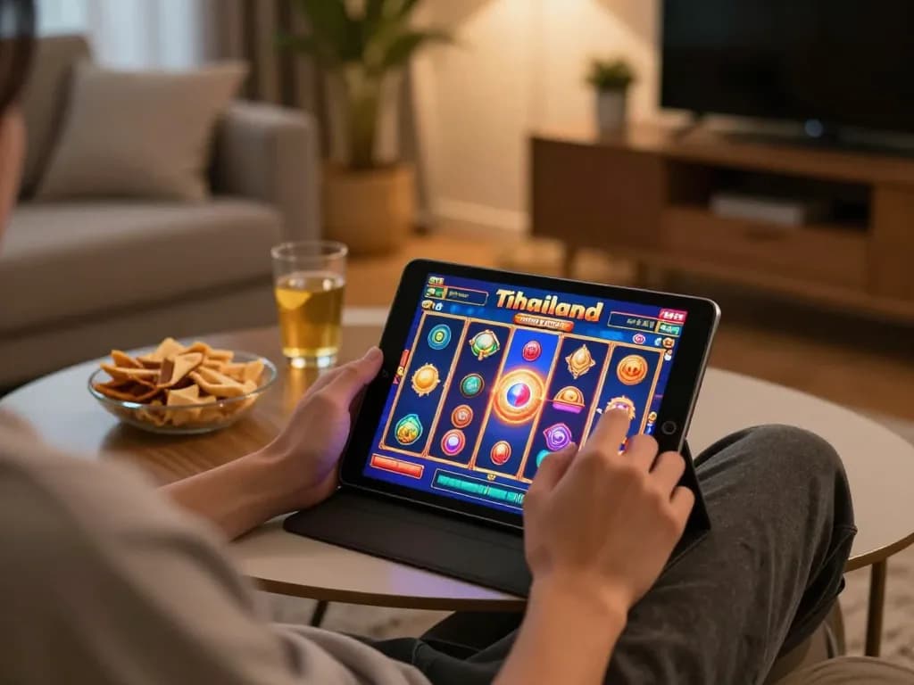 Engaging gameplay on slot thailand game displayed on tablet in a cozy home setting